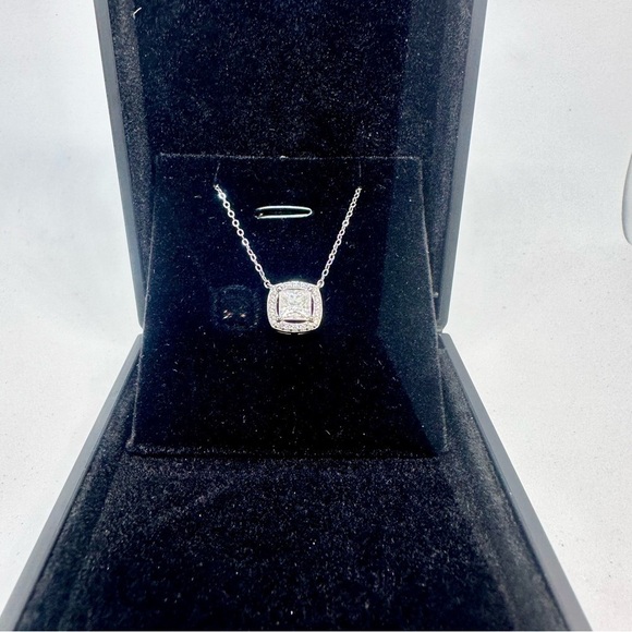 Moissanite Diamond Necklace 1 Carat Princess Cut Halo Floatings Necklace 925 18K - Picture 12 of 12